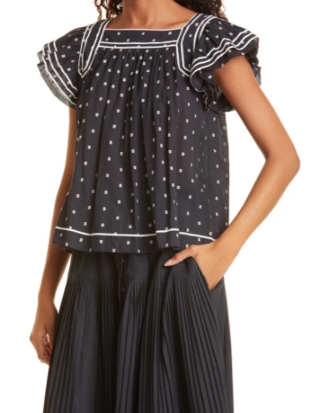 ULLA JOHNSON ALICE‎ RUFFLE Short SLEEVE BLACK COTTON TOP IN ECLIPSE DOT Shirt